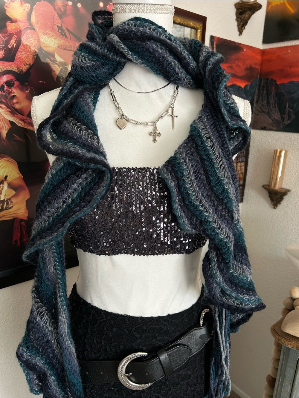 Vintage Y2K Crochet Scarf Knit Womens Skinny Long Stripe Colorful Tassels Fringe